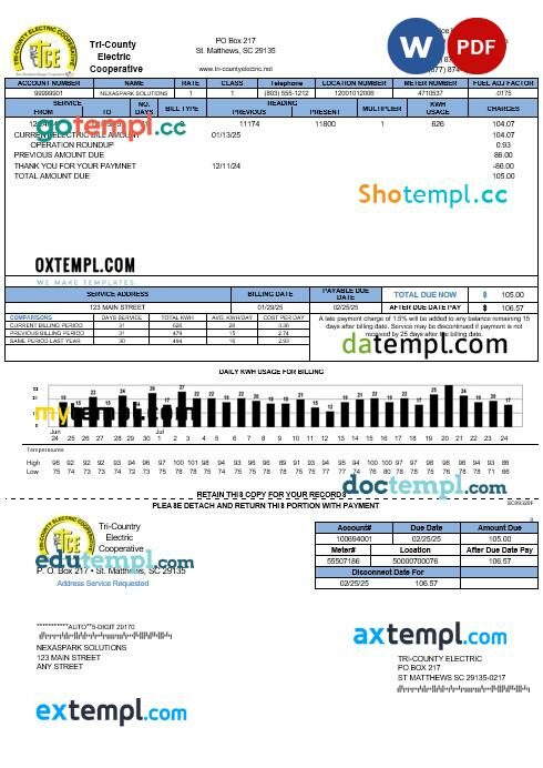 USA Tri-County Electric Cooperative business utility bill template in Word and PDF formats