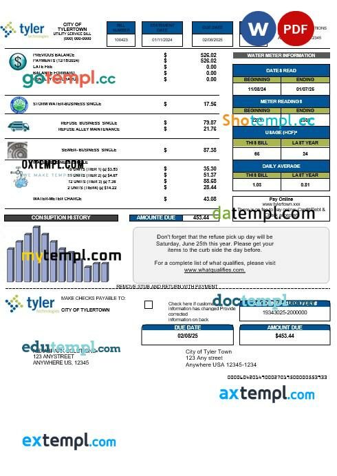 USA Tyler Technologies business utility bill template in Word and PDF formats