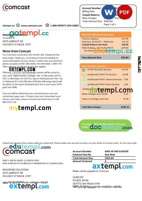 USA Utah Comcast business utility bill template in Word and PDF formats, version 2