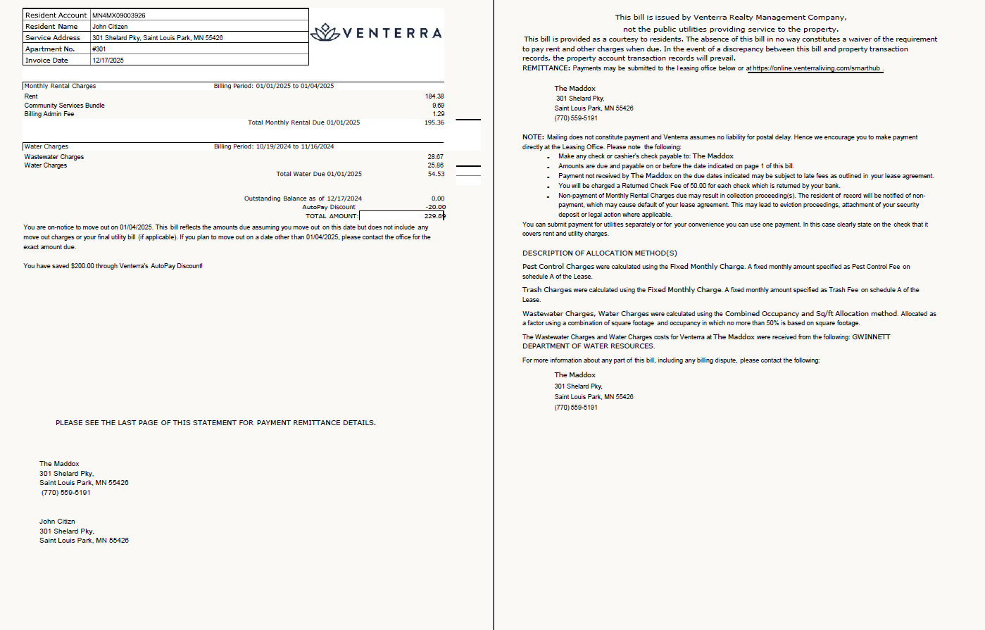 USA Venterra utility bill template in Word and PDF formats, 2 pages
