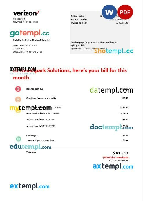 USA Verizon telecommunications business utility bill template in Word and PDF formats