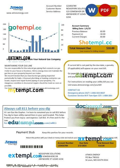 USA Virginia Atmos Energy business utility bill template in Word and PDF formats
