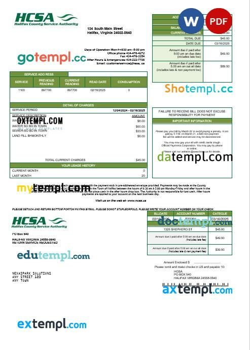 USA Virginia HCSA business utility bill template in Word and PDF formats