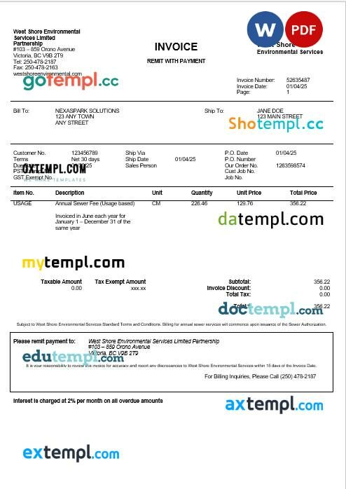 USA WEST SHORE business utility bill Word and PDF template