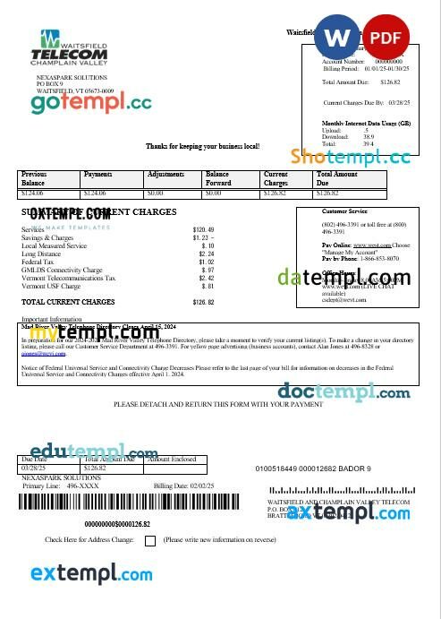 USA Waitsfield Telecom business utility bill template in Word and PDF formats