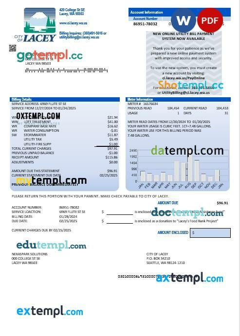 USA Washington City of Lacey water business utility bill template in Word and PDF formats (proof of address)