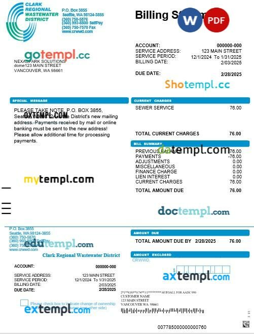 USA Washington Clark Regional Wastewater District business utility bill, Word and PDF template