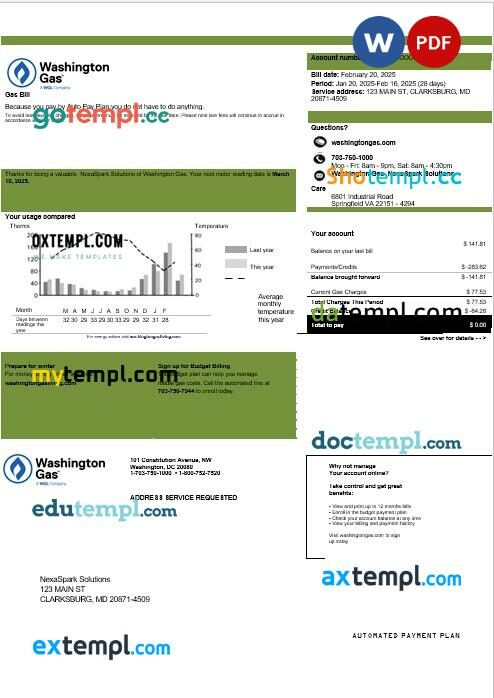 USA Washington Gas (WGL) business utility bill template in Word and PDF formats