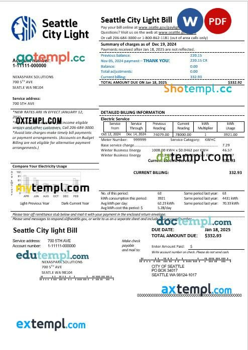 USA Washington Seattle City Light business utility bill template in Word and PDF formats