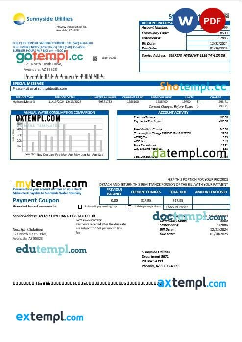 USA Washington Sunnyside Utilities water business utility bill template in Word and PDF formats