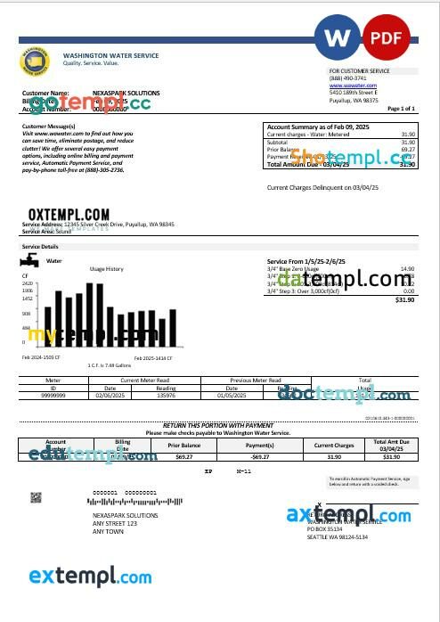 USA Washington Water Service business utility bill template in Word and PDF formats