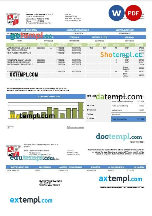 USA Wawatosa Water Utility business utility bill template in Word and PDF formats