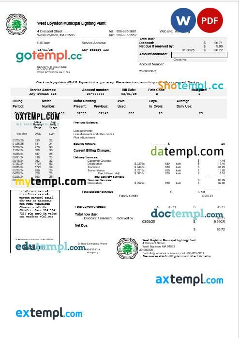 USA West Boylston business utility bill template in Word and PDF formats