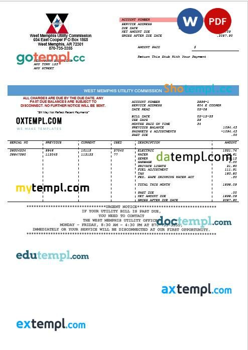 USA West Memphis business utility commission utility bill Word and PDF template