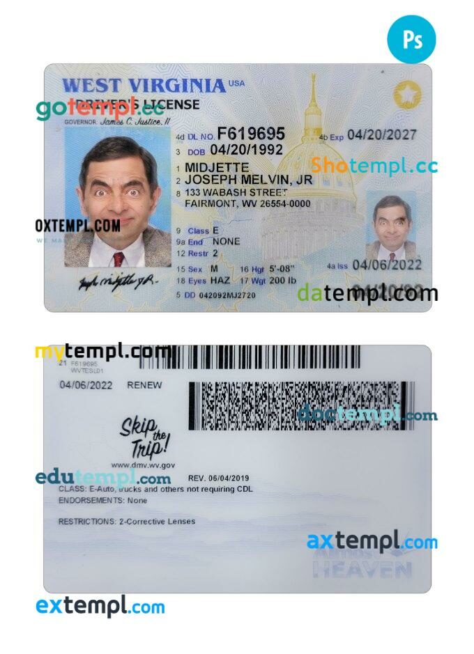 USA West Virginia driving license PSD editable template, 2022-present