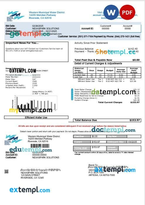 USA Western Municipal Water District business utility bill template in Word and PDF formats
