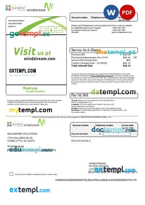 USA Windstream Holdings, Inc. business utility bill template in Word and PDF formats
