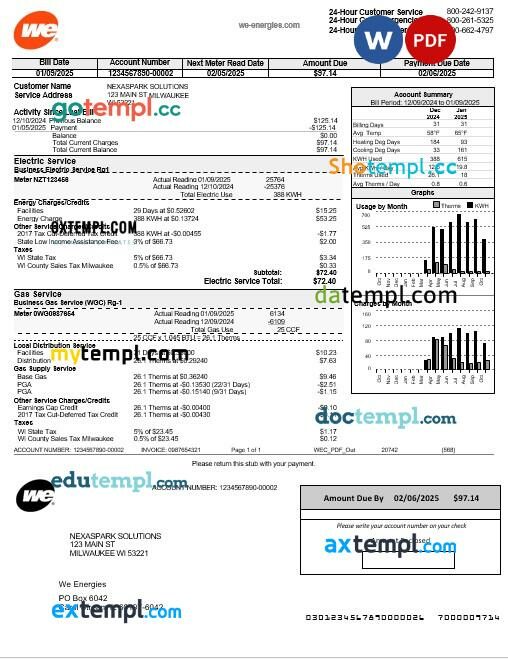 USA Wisconsin We Energies electricity business utility bill template in Word and PDF formats