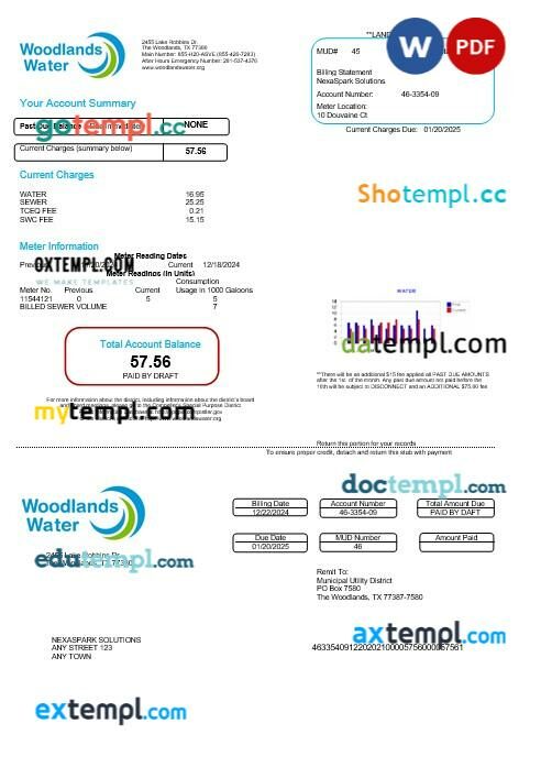 USA Woodlands water business utility bill Word and PDF template
