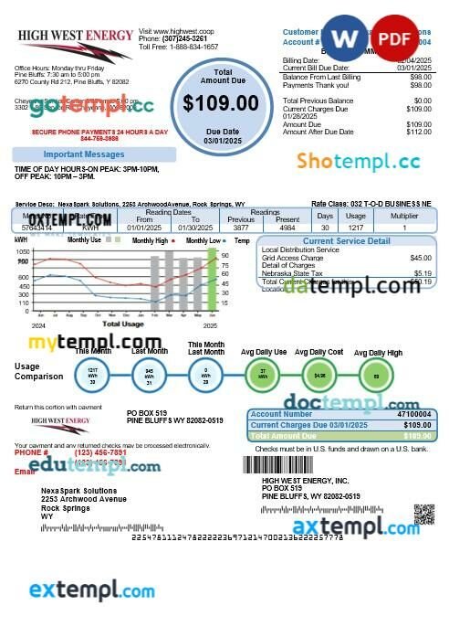 USA Wyoming High West Energy business utility bill in Word and PDF formats, version 2