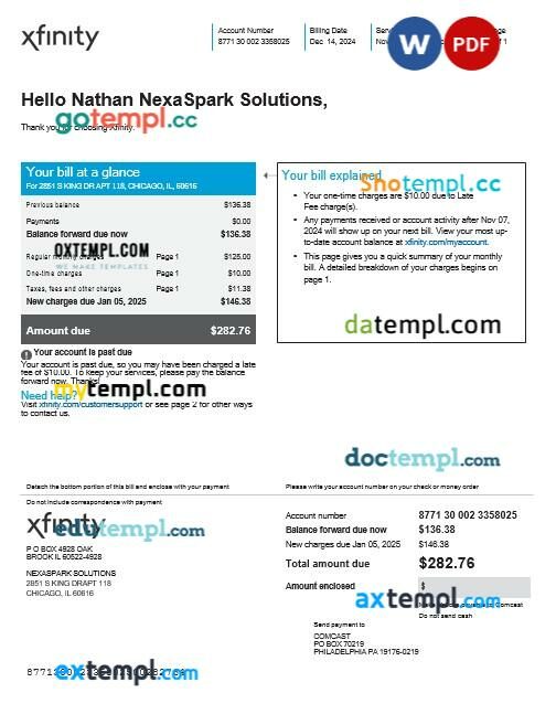 USA XFINITY business utility bill Word and PDF template, version 2
