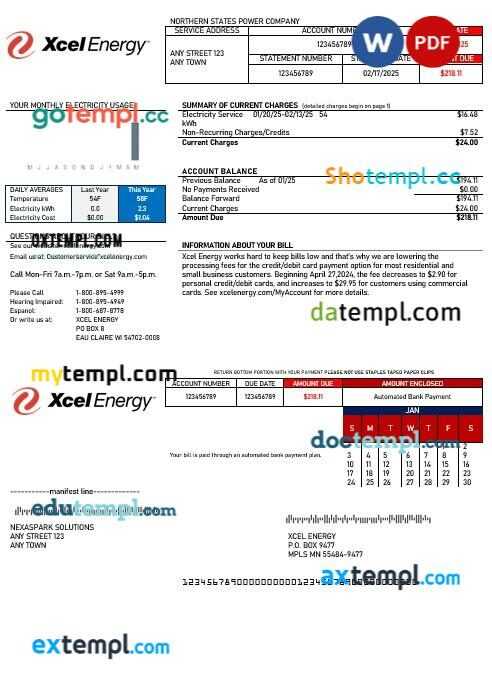 USA Xcel Energy business utility bill Word and PDF template