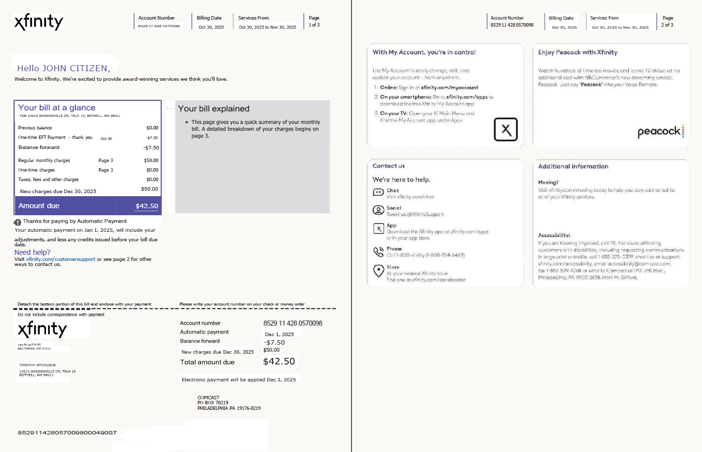 USA Xfinity utility bill template in Word and PDF formats, 3 pages, version 4