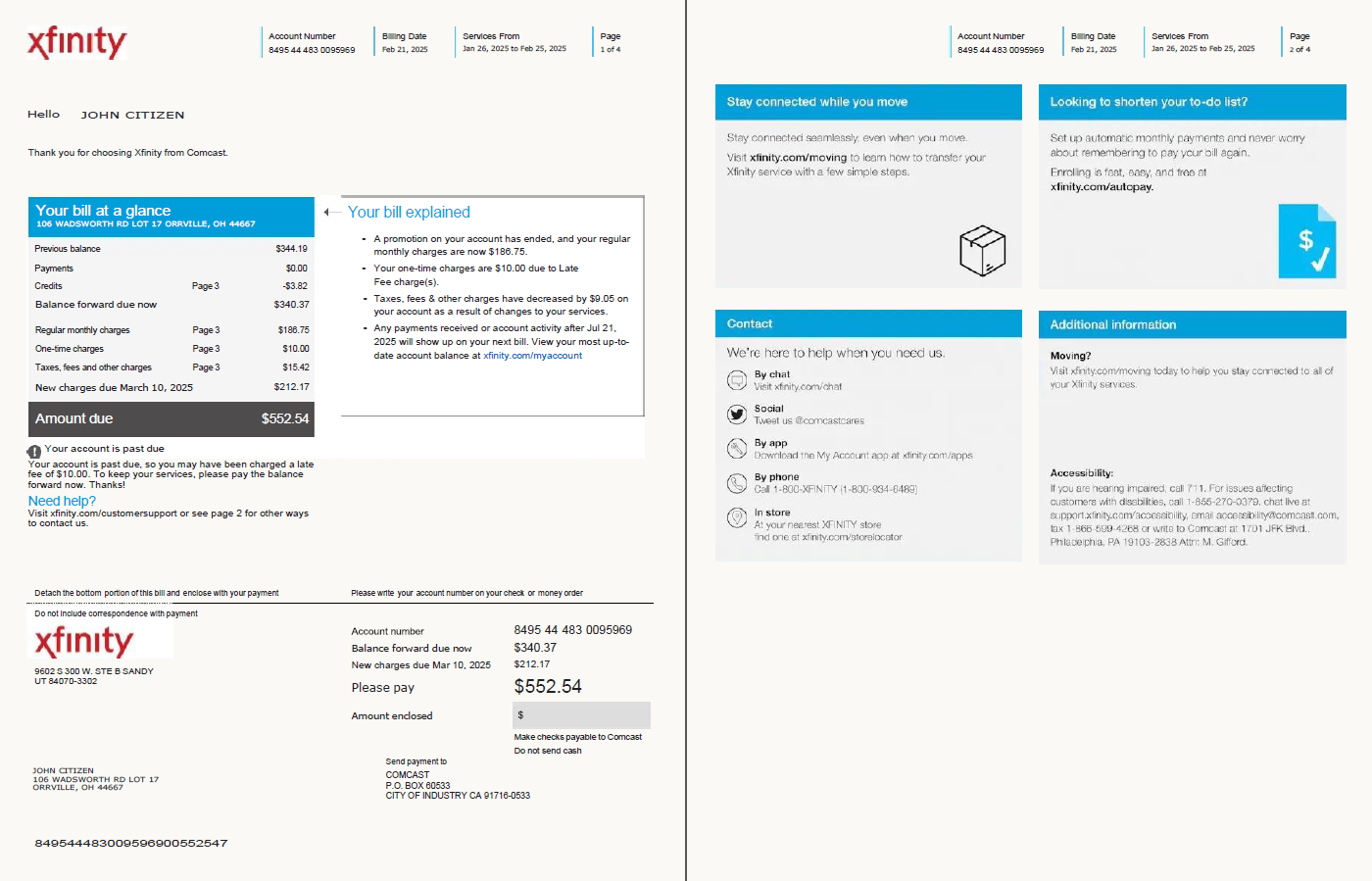 USA Xfinity utility bill template in Word and PDF formats, 4 pages, version 2