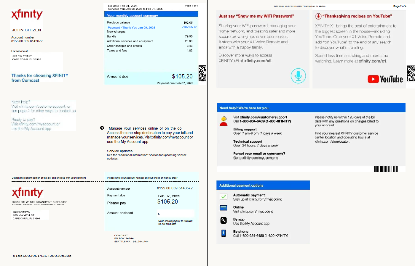 USA Xfinity utility bill template in Word and PDF formats, 4 pages, version 3