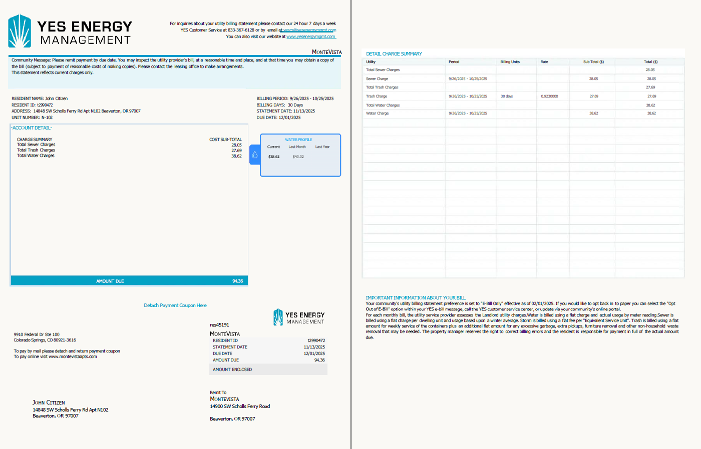 USA YES Energy Management utility bill template in Word and PDF formats, 2 pages