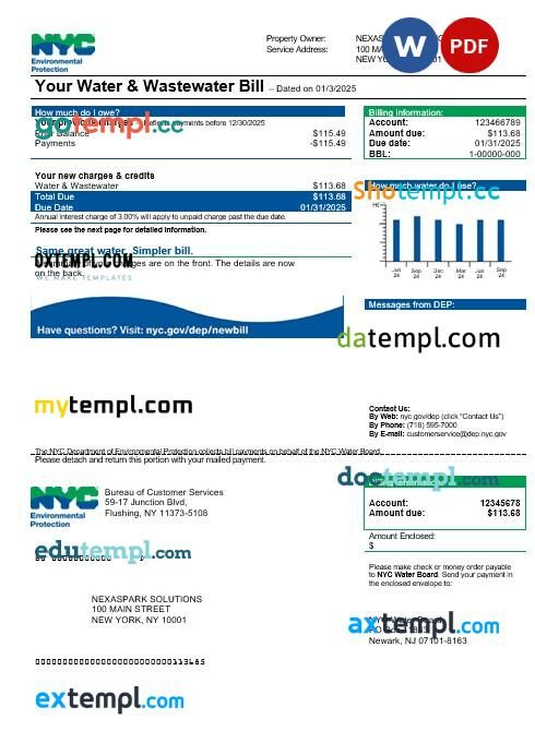 USA The New York City Department of Environmental Protection (DEP) business utility bill template in Word and PDF formats