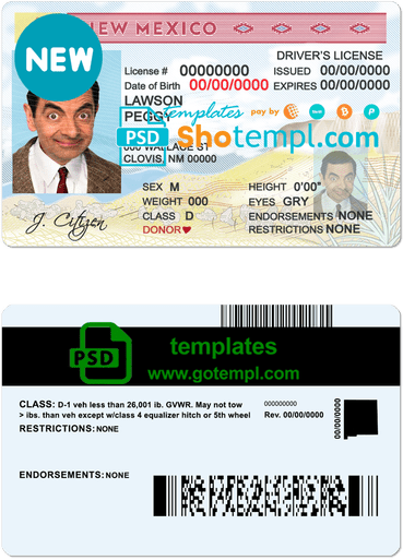 USA State New Mexican driver license download example in PSD format