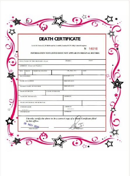 United Kingdom General Registry office death certificate template in PSD format