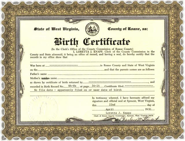 United States Clerk's office of Virginia birth certificate template in PSD format