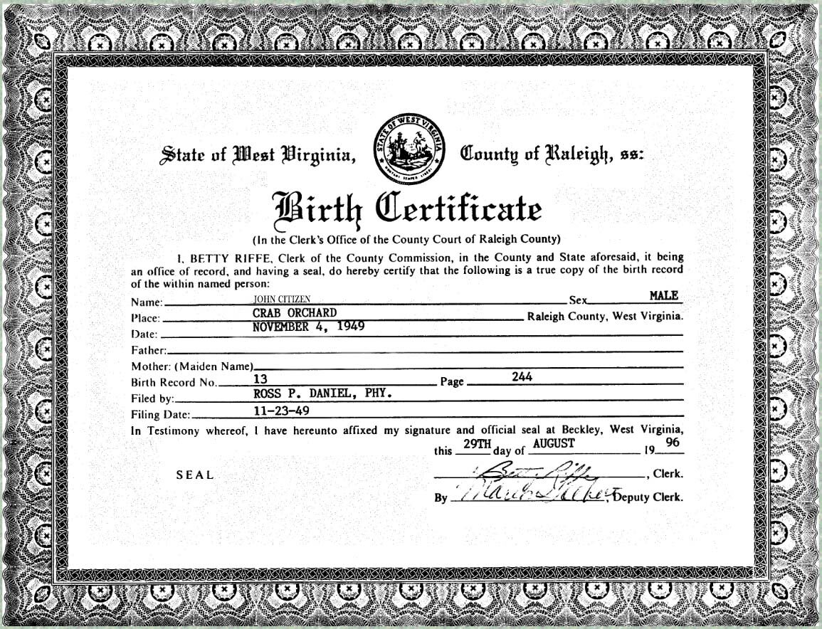 United States Clerk's office of West Virginia birth certificate template in PSD format