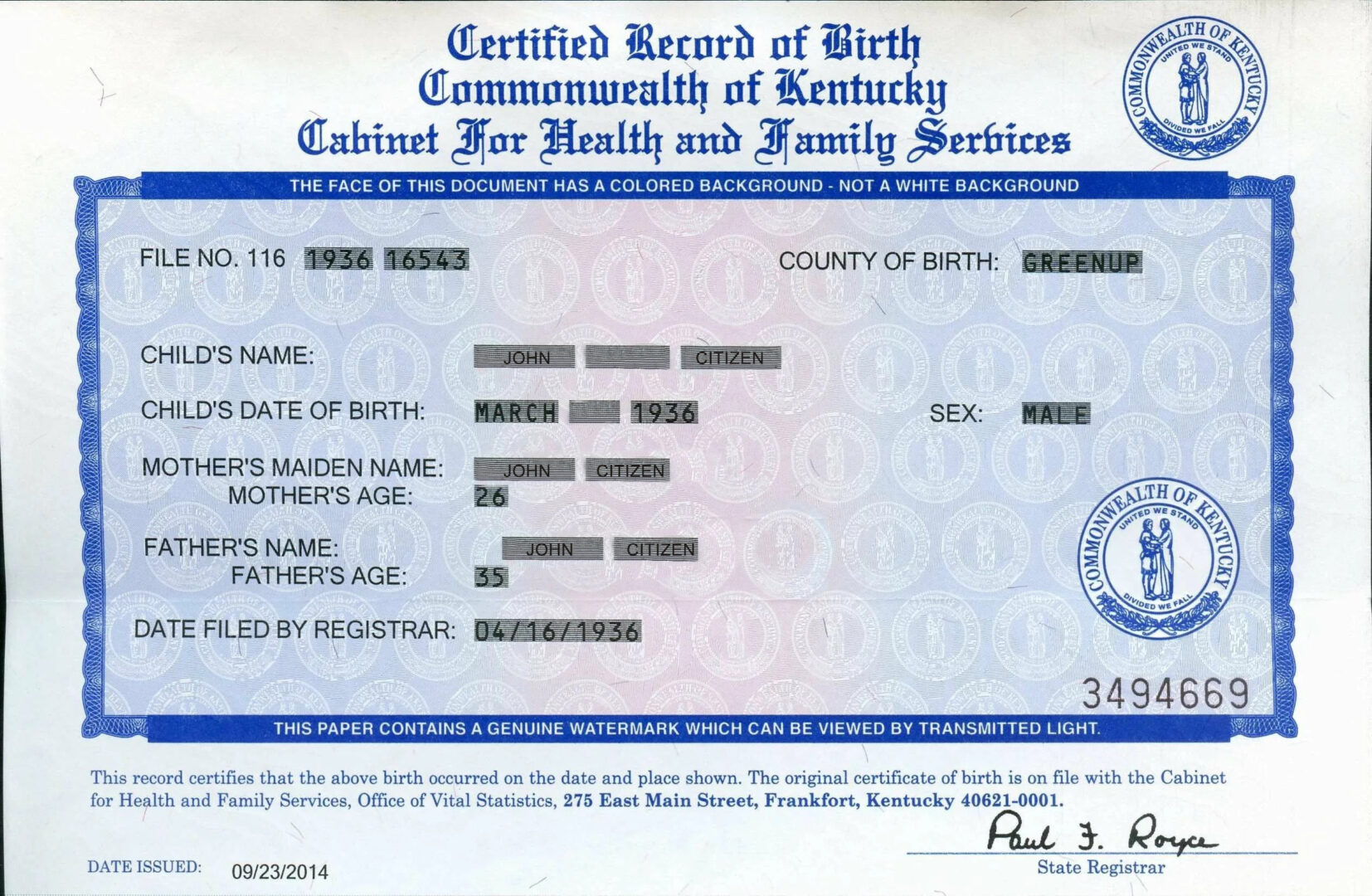 United States Commonwealth of Kentucky birth certificate template in PSD format