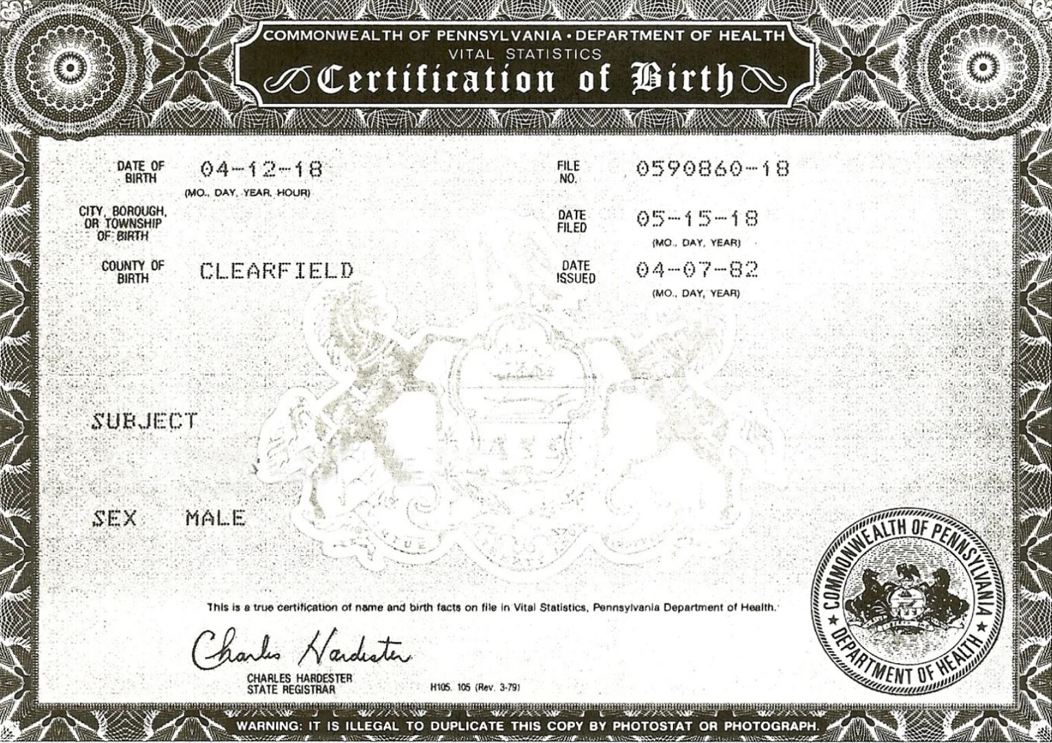 United States Commonwealth of Pennsylvania Department of health birth certificate template in PSD format
