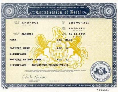 United States Commonwealth of Pennsylvania birth certificate template in PSD format