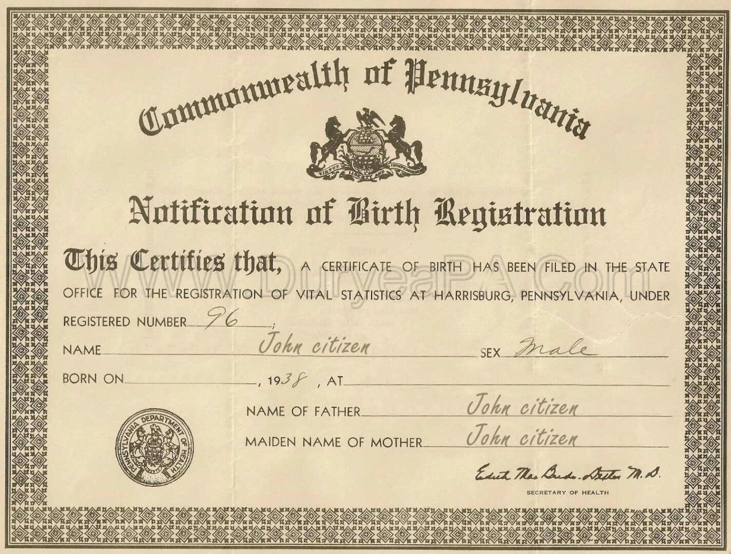 United States Commonwealth of Pennsylvania certificate of birth template in PSD format