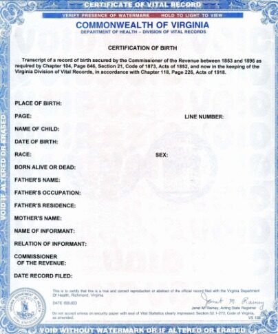 United States Commonwealth of Virginia birth certificate template in PSD format
