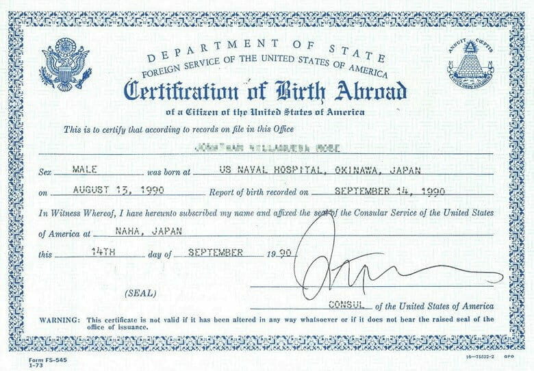 United States Department of State Foreign Service of USA birth certificate template in PSD format