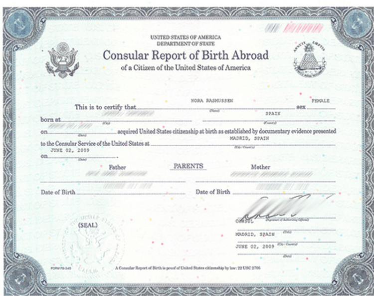 United States Department of State certificate of birth abroad template in PSD format