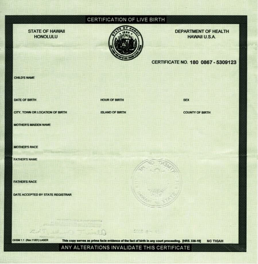 United States Department of health Hawaii certification of birth template in PSD format
