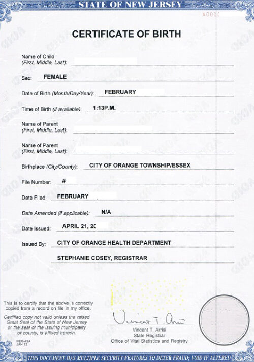 United States Department of health of New Jersey birth certificate template in PSD format