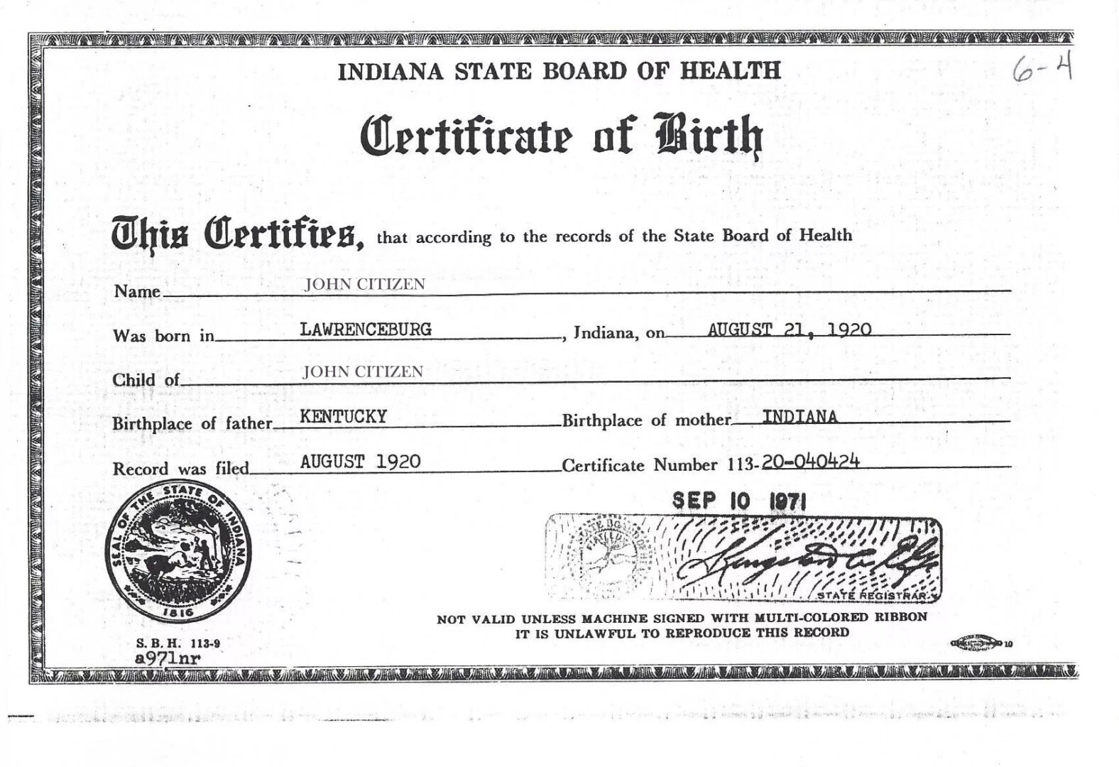 United States Indiana State board of health birth certificate template in PSD format