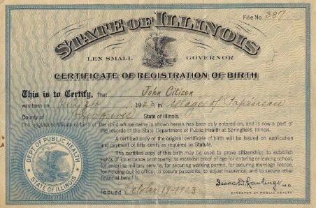 United States Public health of State of Illinois birth certificate template in PSD format