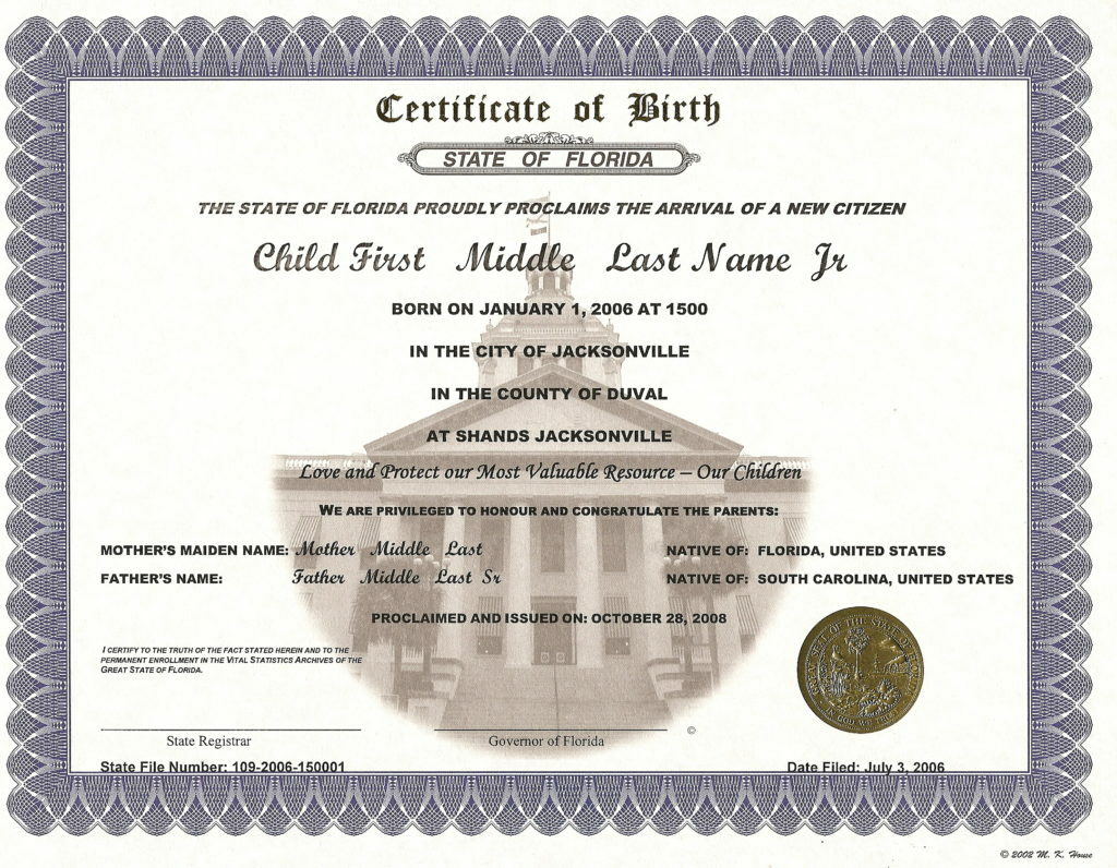 United States Registrar of Florida birth certificate template in PSD format