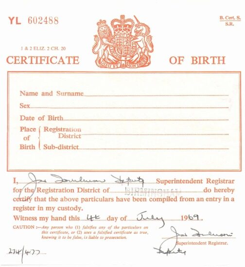 United States Registration District of Birmingham birth certificate template in PSD format