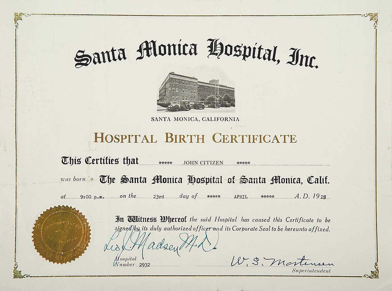 United States Santa Monica hospital birth certificate template in PSD format