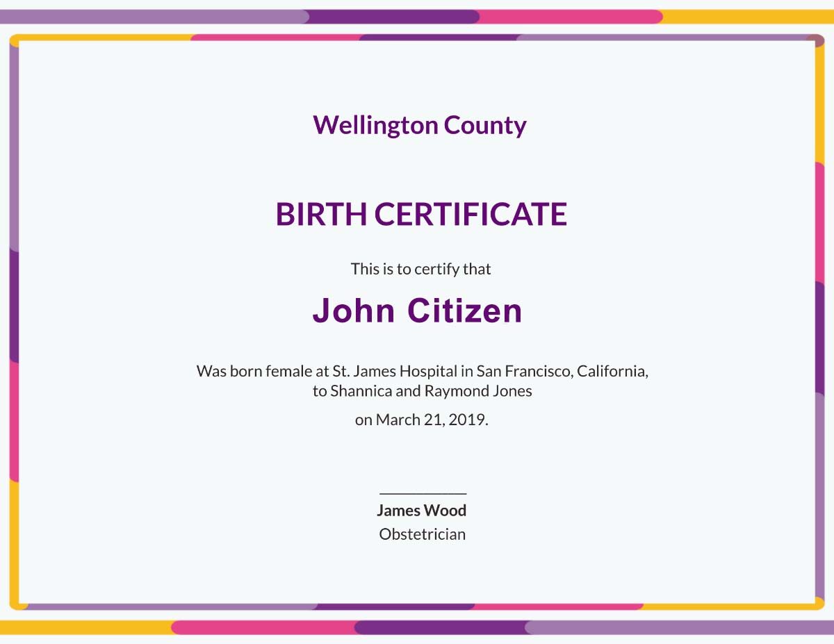 United States St. James hospital birth certificate template in PSD format